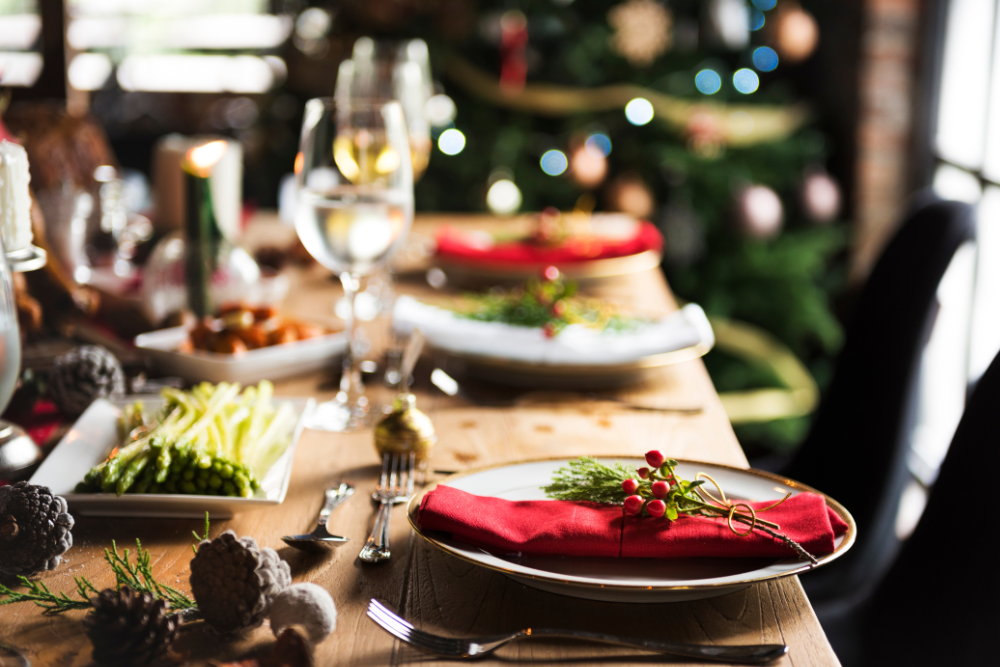 A Christmas decorated table.