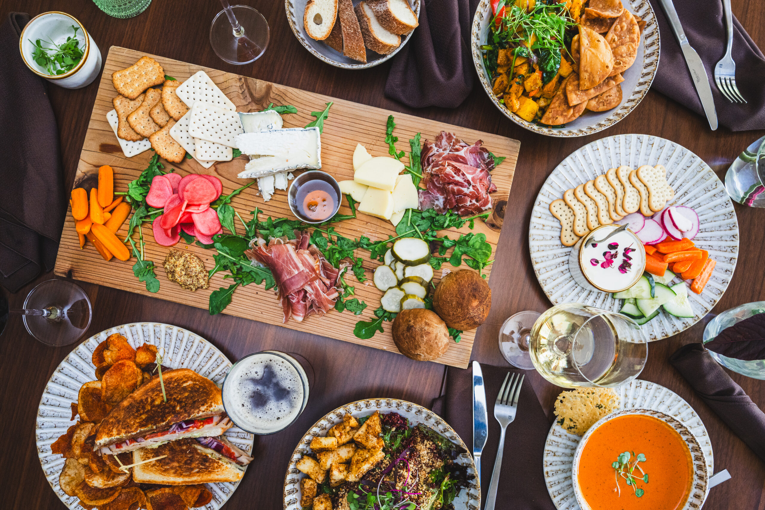 Wild Rose dinner spread with a variety of food items